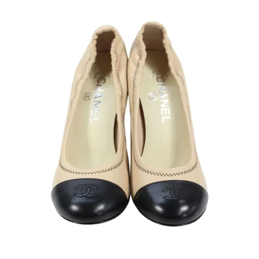 Chanel Womens Leather Cap Toe High Heels Pumps Shoes Beige Black Sz 7.5